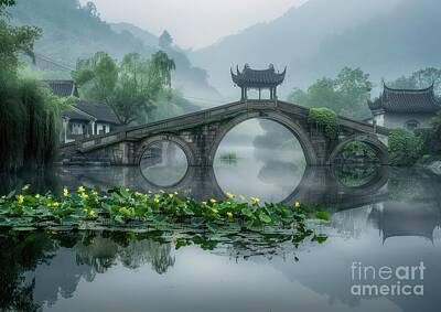 Lilies Digital Art - Lotus Bridge Mist by Lauren Blessinger