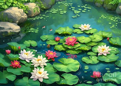 Lilies Paintings - Lotus Pond Harmony Lotus flowers and lily pads creating a serene pond scene by Eldre Delvie