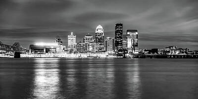 Royalty-Free and Rights-Managed Images - Louisville Kentucky Skyline Panorama On the Ohio River - Black and White by Gregory Ballos