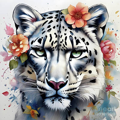 Floral Digital Art - Lovely snow leopard adorned with floral crown by Sen Tinel