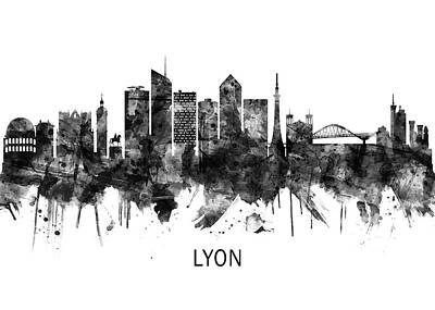 Abstract Skyline Mixed Media - Lyon France Skyline BW by NextWay Art