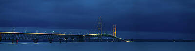 Western Buffalo Royalty Free Images - Mackinac Bridge Nighttime Panorama Royalty-Free Image by Steve Gadomski