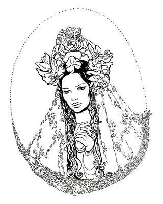 Floral Drawings Rights Managed Images - Madonna of the Big Flower Headpiece - line art Royalty-Free Image by Katherine Nutt