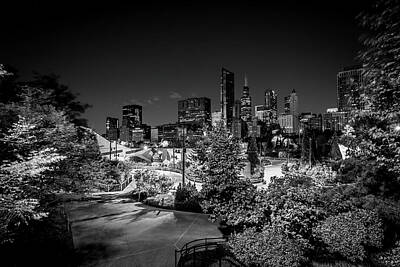 Vintage Pink Cadillac Royalty Free Images - Maggie Daley Park and Chicago Skyline in Black and White Royalty-Free Image by Sven Brogren