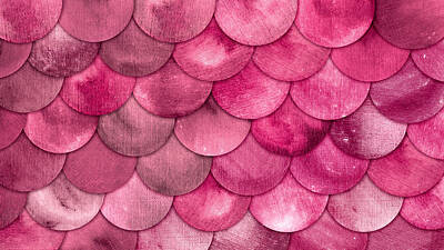 Fantasy Drawings - Magic Mermaid Bright Pink Color Scales Watercolor Fish squame background. Deep rose pattern with reptilian scales abstract.  by Julien