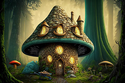 Fantasy Digital Art Rights Managed Images - Magical Mushroom Cottage Royalty-Free Image by Mark Andrew Thomas