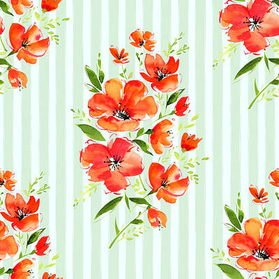 Floral Drawings - Magnificent gentle orange poppies flowers and leaves on a on a striped background. Cute watercolor seamless pattern. Painted with love. Digital paper.  by Julien