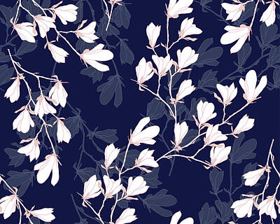 Floral Drawings - Magnolia flower seamless pattern with white flowers by Julien