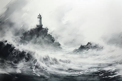 Outdoor Graphic Tees - Majestic Lighthouse Standing Firm Amidst a Turbulent Winter Hurr by Boyan Dimitrov
