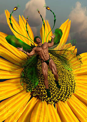 Best Sellers - Sunflowers Digital Art - Male Fairy and Sunflower Fantasy 1 by Barroa Artworks