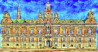 Cities Digital Art Royalty Free Images - Malmos old city hall, or Malmo Radhus - pen sketch and watercolor Royalty-Free Image by Nicko Prints