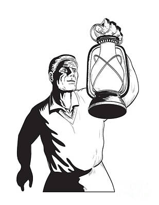 Comics Royalty-Free and Rights-Managed Images - Man Holding Farmers Light Up Lantern Low Angle Comics Style Drawing  by Aloysius Patrimonio
