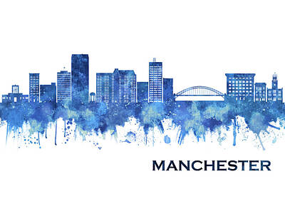 Cities Mixed Media Royalty Free Images - Manchester New Hampshire Skyline Blue Royalty-Free Image by NextWay Art