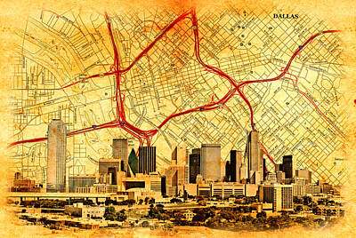 Skylines Digital Art - Map of Downtown Dallas with the skyline of the city blended on old paper by Nicko Prints