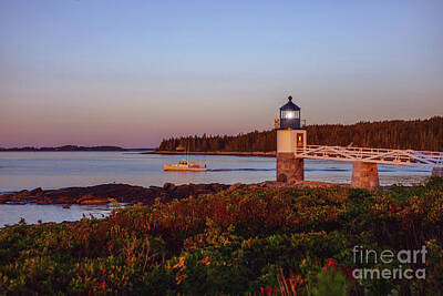 College Town - Marshall Point Lighthouse at Sunrise with Lobster Boat by Diane Diederich
