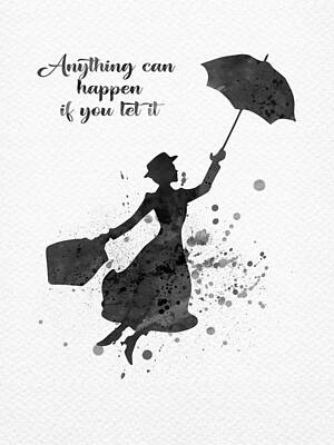 London Skyline Digital Art - Mary Poppins and quote bw by Mihaela Pater