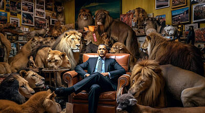 Politicians Paintings - maximalist  Barack  Obama  Lions    Sony  by Asar Studios by Celestial Images