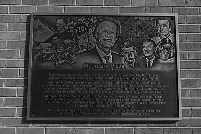 Sports Royalty-Free and Rights-Managed Images - McCreary Plaza historical marker at Wake Forest University in black and white by Eldon McGraw