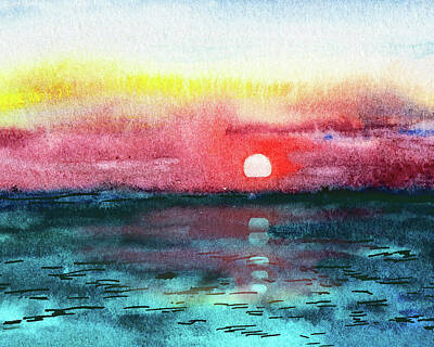 Abstract Landscape Paintings - Mediterranean Sunset Red Sky Blue Sea Watercolor  by Irina Sztukowski