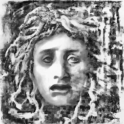 Reptiles Paintings - Medusa Ancient Goddess Portrait In Grey by Taiche Acrylic Art