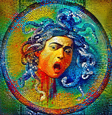 Reptiles Digital Art - Medusa by Caravaggio - colorful mosaic by Nicko Prints