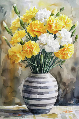 Still Life Paintings - Mellow Yellow Carnations by Tina LeCour