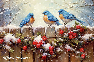 Royalty-Free and Rights-Managed Images - Merry Christmas Bluebirds by Tina LeCour