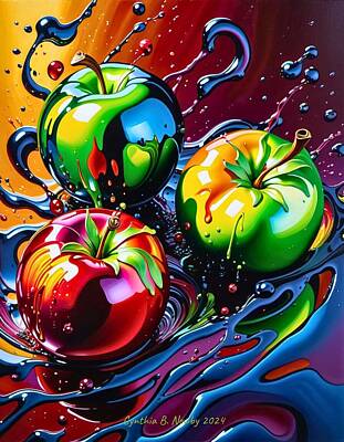 Food And Beverage Digital Art - Metallic Apples Making A Splash in 2024 by Cindy