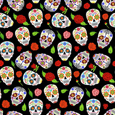 Roses Drawings - Mexican Dia Los Muertos seamless pattern with sugar skulls and roses by Julien