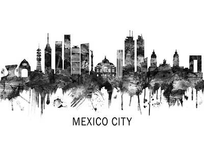 Abstract Skyline Mixed Media - Mexico City Mexico Skyline BW by NextWay Art