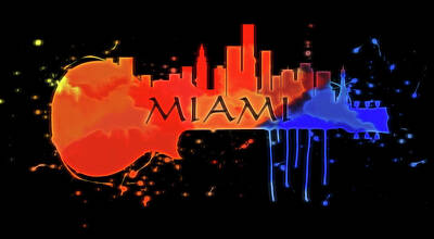 Rock And Roll Digital Art - Miami Skyline On Colorful Guitar by Dan Sproul