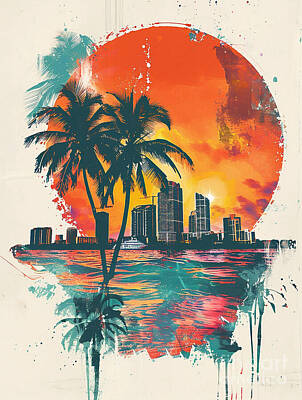 Abstract Skyline Paintings - Miami by Tommy Mcdaniel