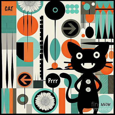 Mixed Media - Mid Century Black Cat by Tina LeCour