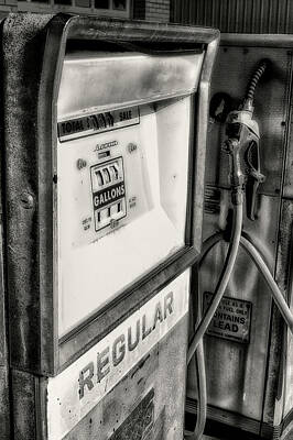 Thomas Kinkade - Mid Century Rusted Gas Pump Detail black and white photograph by Ann Powell