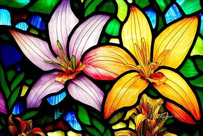 Lilies Digital Art - MidJourney AI Stained Glass Day Lilies by Peggi Wolfe