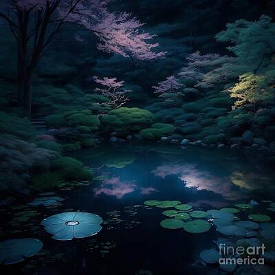 Lilies Digital Art - Midnight Reflections by Paul Featherstone