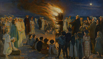 Movies Star Paintings Rights Managed Images - Midsummer Eve Bonfire on Skagen Beach 1906 Peder Severin Kroyer Royalty-Free Image by Arpina Shop