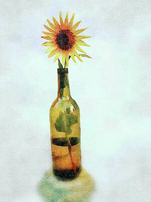Wine Digital Art - Minimalist Sunflower Watercolor  by Shelli Fitzpatrick