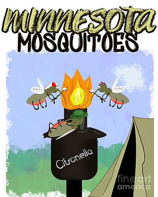 Comics Photos - Minnesota Mosquitoes Cartoon - Camping by Tiki Torch by Colleen Cornelius