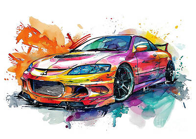 Sports Paintings - Mitsubishi Eclipse watercolor abstract vehicle by Clark Leffler