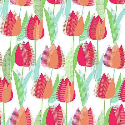 Comic Character Paintings - Modern abstract red tulip flowers seamless pattern by Julien