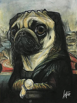 Animals Drawings - Mona Lisa Pug by John LaFree