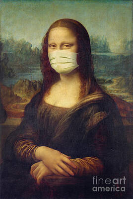 Portraits Royalty-Free and Rights-Managed Images - Mona Lisa wearing a mask by Delphimages Photo Creations