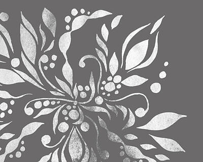 Floral Royalty-Free and Rights-Managed Images - Monochrome Silver Gray Floral Design With Leaves Berries Flowers Pattern III by Irina Sztukowski