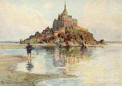 Beach Drawings - Mont St. Michel from Tombelaine, Evening w1 by Historic Illustrations