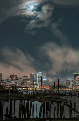 Skylines Royalty Free Images - Moon over Boston Royalty-Free Image by Isaac S