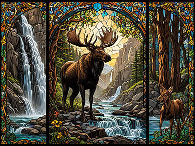 Festival Feels - Moose With Baby At Waterfall by Patricia Betts