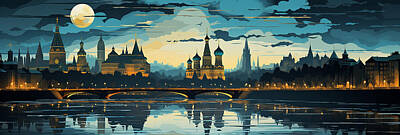 Landmarks Painting Royalty Free Images - moscow skyline Skyline principal landmark in th 96b1dd53 d859 4eae a1cd 622c5e53e92f by Asar Studios Royalty-Free Image by Timeless Images Archive