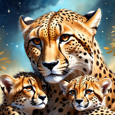 Gaugin Rights Managed Images - Mother Cheetah and Cubs Royalty-Free Image by Eve Designs