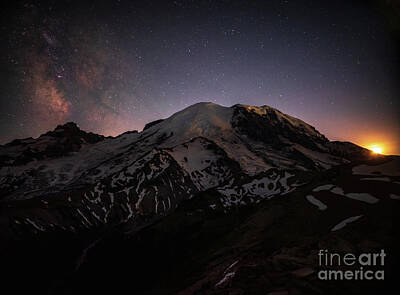 Abstract Stripe Patterns Royalty Free Images - Mount Rainier Moonset and Milky Way Royalty-Free Image by Mike Reid